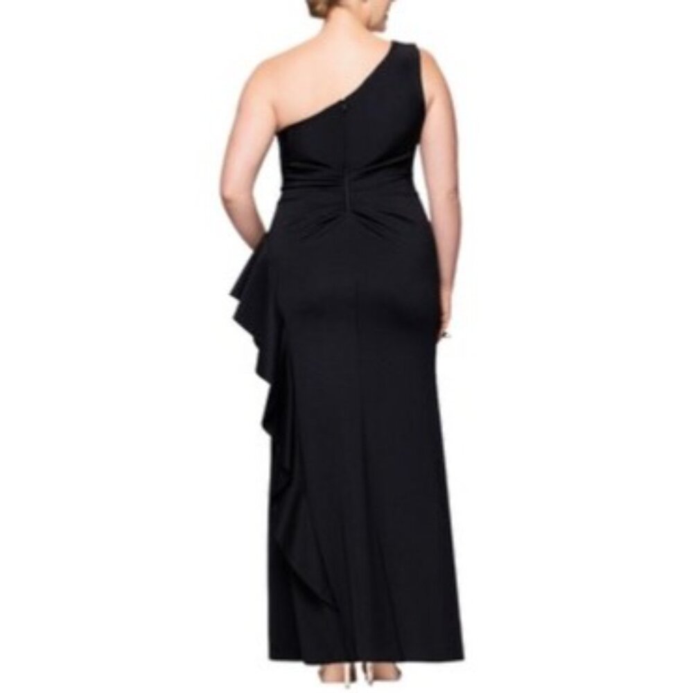 Xscape Black One-Shoulder Draped Evening Gown Size 20W Elegant Formal Dress - Picture 2 of 6
